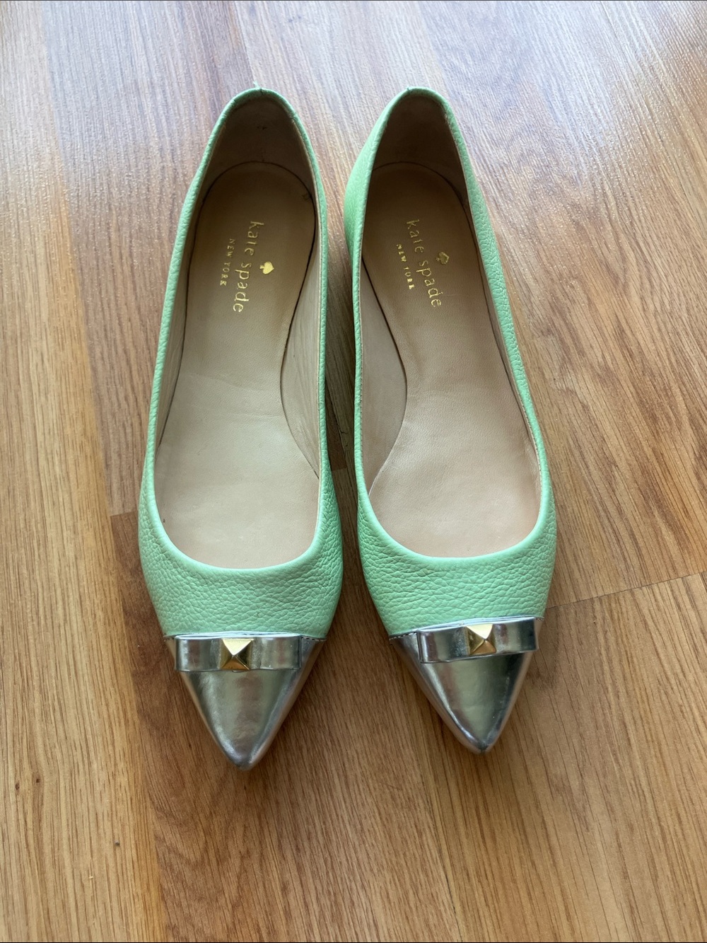 kate spade Mint Green leather Pointed Flats with metallic Silver Cap